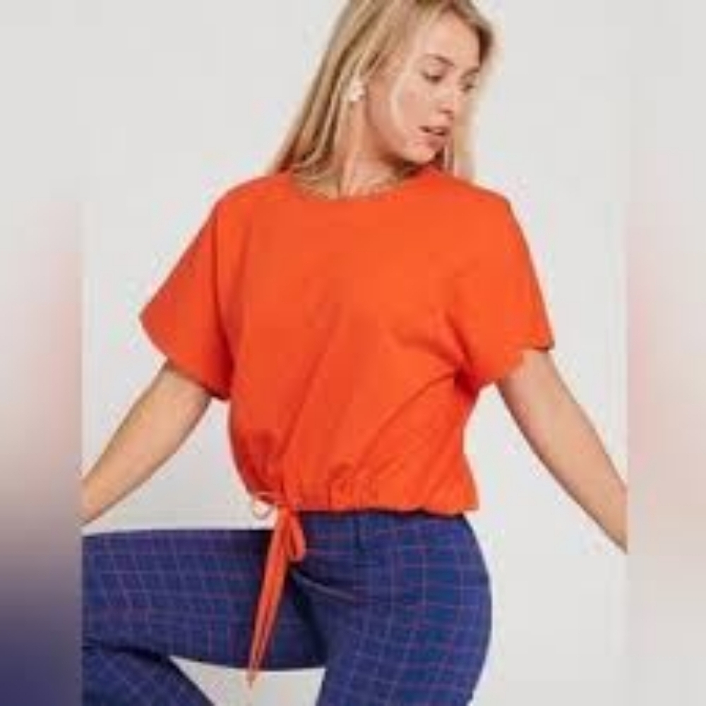 Betabrand Shirt Womens 2X Orange Boxy Agile Drawstring Tee Short Sleeve Ponte